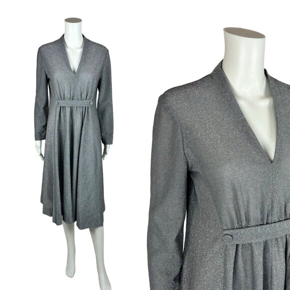 Vintage 70s Cocktail Dress Women's S/M Silver Metallic Lame Party Long Sleeves